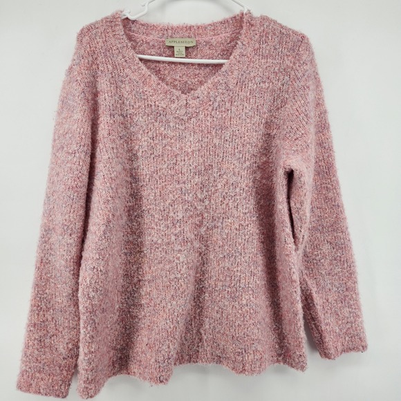 Appleseed's Sweaters - Appleseeds Womens Large Pink Marled Boucle V-Neck Long Sleeve Knit Sweater Pull